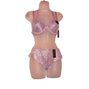 Youmita 34C Seafog Metallic Lace Bra & Medium Metallic Lace Hipster Set NWT